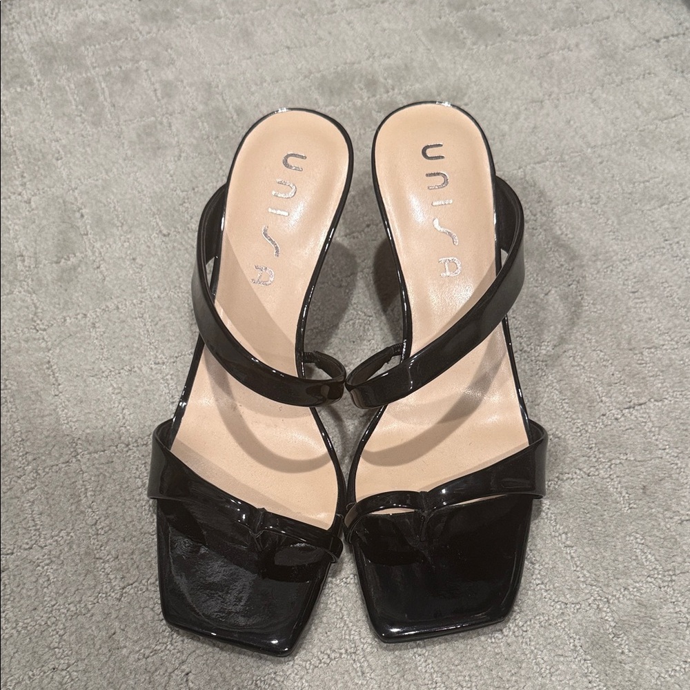 Unisa Black Patent Square-Toe Strappy Heels